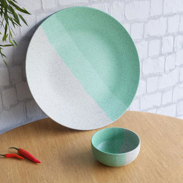 Tritone Green Matte Ceramic Dinner Plate with Serving Bowl - The Earth Store - Dinnerware